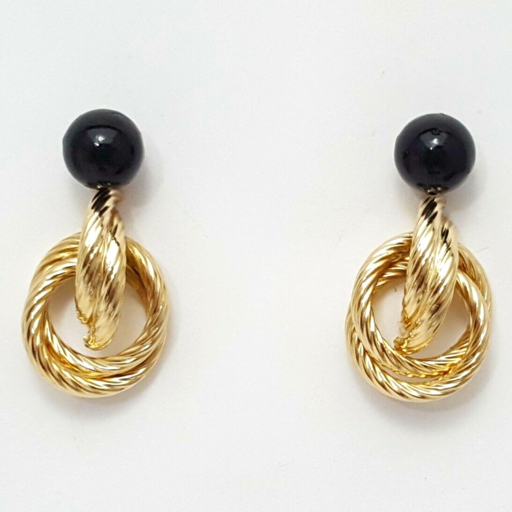 Unique 14k Yellow Gold Designer Dangle Hanging Black Ball Jacket Stud Earrings